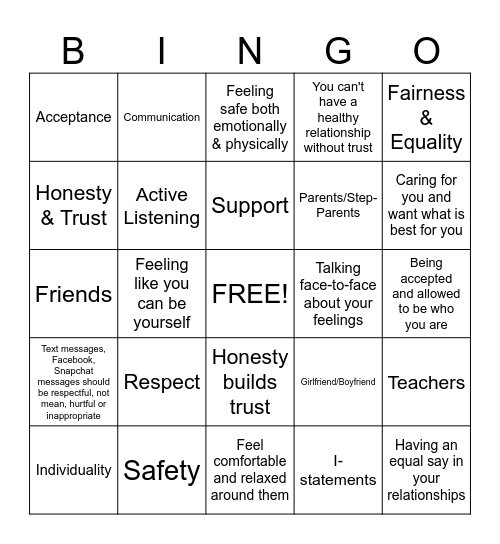 Healthy Teen Relationships Bingo Card