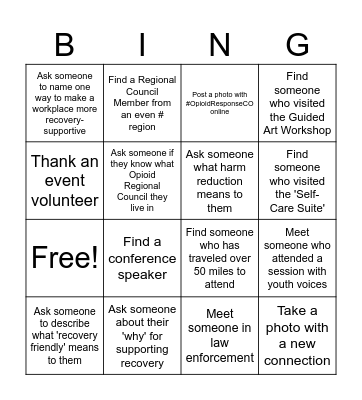 Recovery Friendly Networking Bingo Card