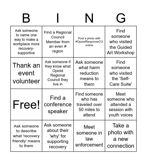 Recovery Friendly Networking Bingo Card
