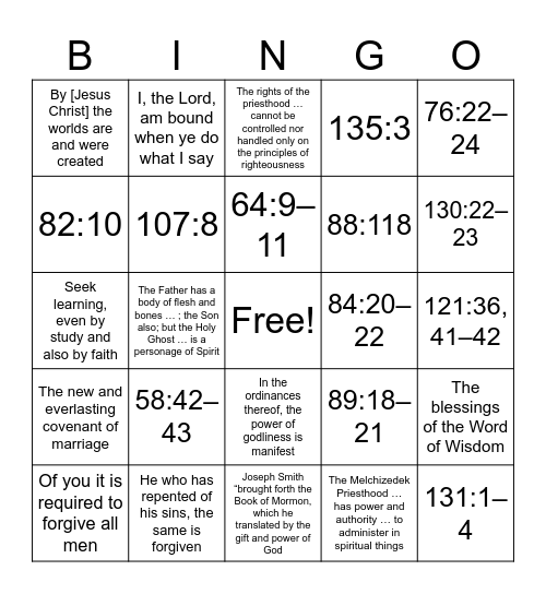 D & C Doctrinal Mastery Bingo Card