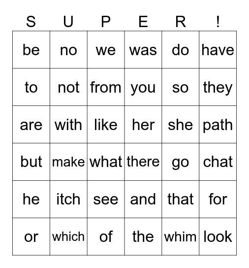 Super Words Bingo Card