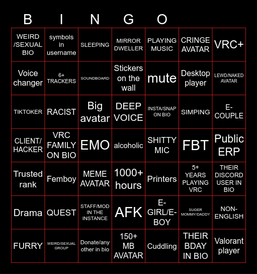 Actual VRC bingo Card