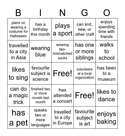 Grade 7/8 BINGO Card