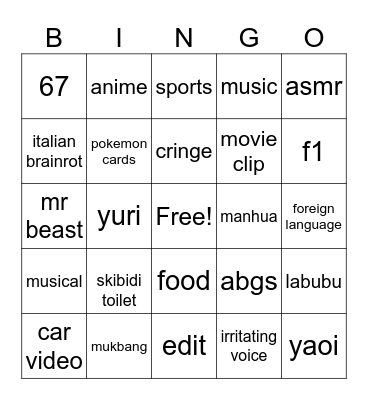 you tube shorts Bingo Card