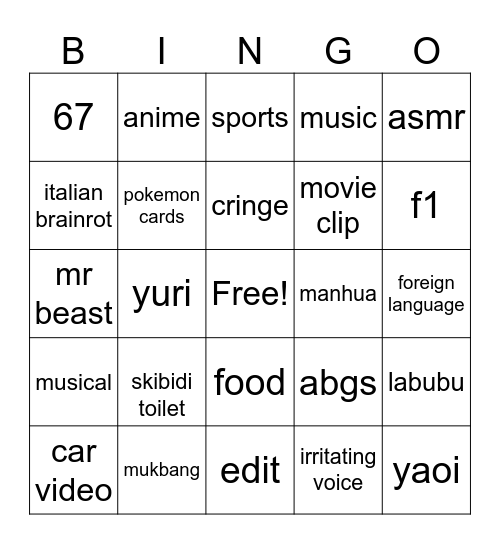 you tube shorts Bingo Card