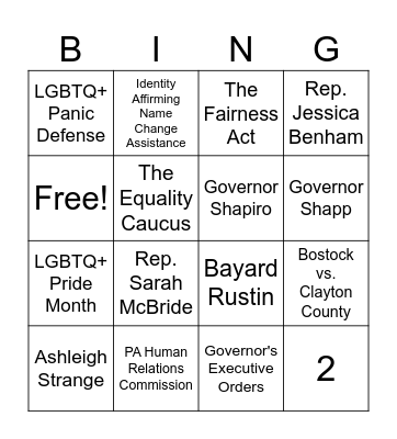 LGBTQ+ in PA Bingo Card