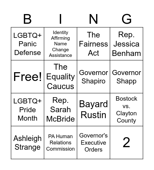 LGBTQ+ in PA Bingo Card