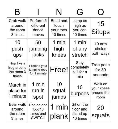 Movement bingo Card