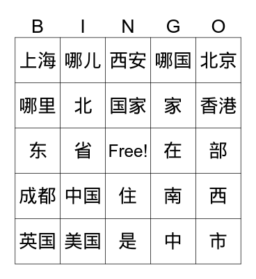 Places and directions Bingo Card