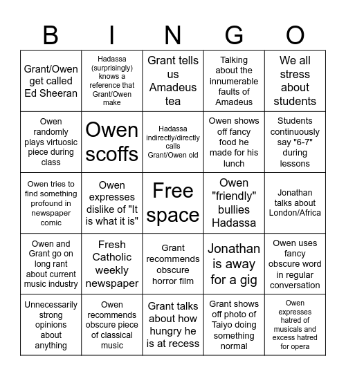Friday Bingo Card