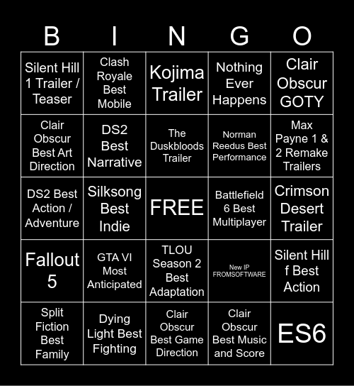 Game Awards Samuel Bingo Card