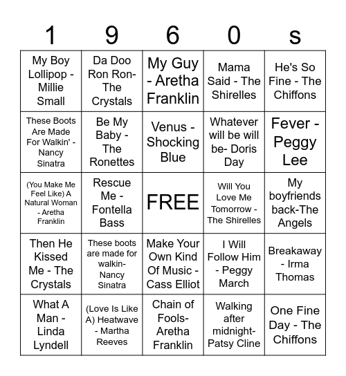 Women of the 1960s Bingo Card