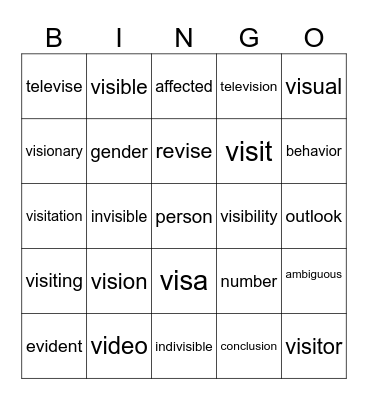 SAVVAS Unit 1 Latin Root vis- Bingo Card
