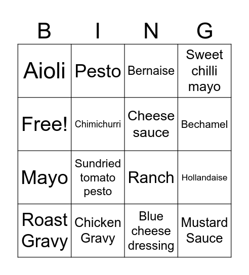 Fat-Based Sauces Bingo Card