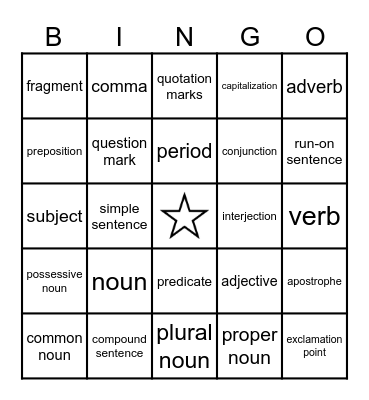 GRAMMAR Bingo Card