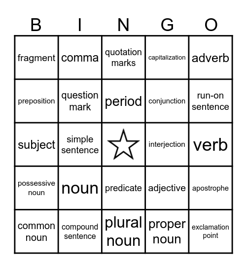 GRAMMAR Bingo Card