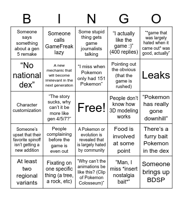 New Pokemon Game Bingo Card