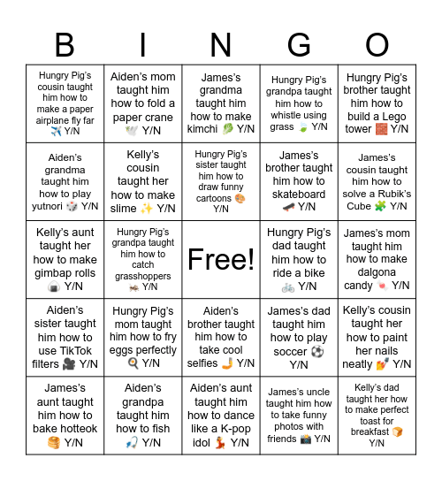 Aiden’s grandma taught him how to play yutnori 🎲 Y/N Bingo Card