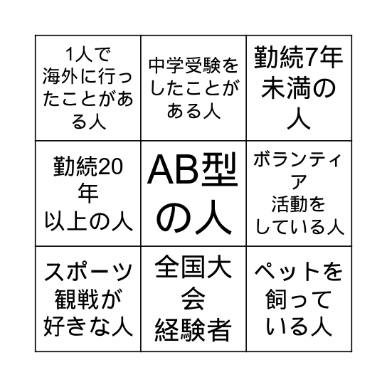 パーソナルビンゴ Bingo Card