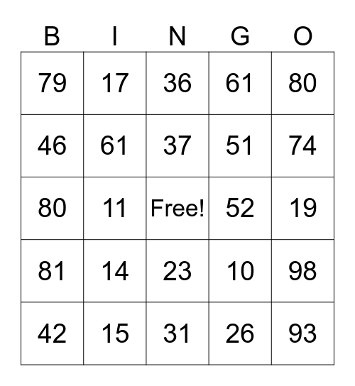 Tens and Ones Place Value Bingo Card