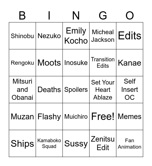 Tiktok Demon Slayer Bingo Card