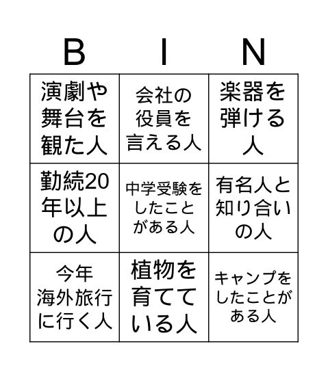 パーソナルビンゴ Bingo Card