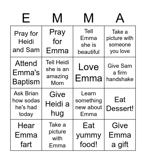 Baby Emma Bingo Card