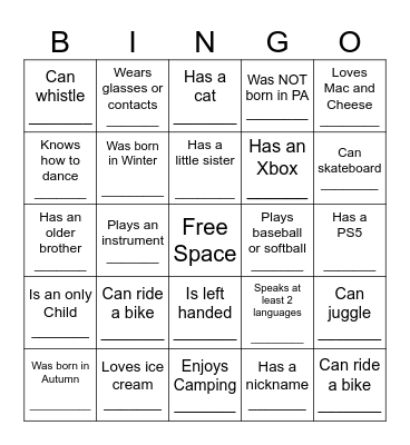 YOUTH HUMAN BINGO Card