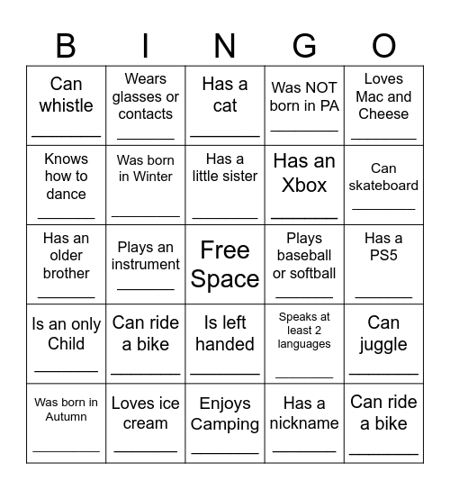 YOUTH HUMAN BINGO Card