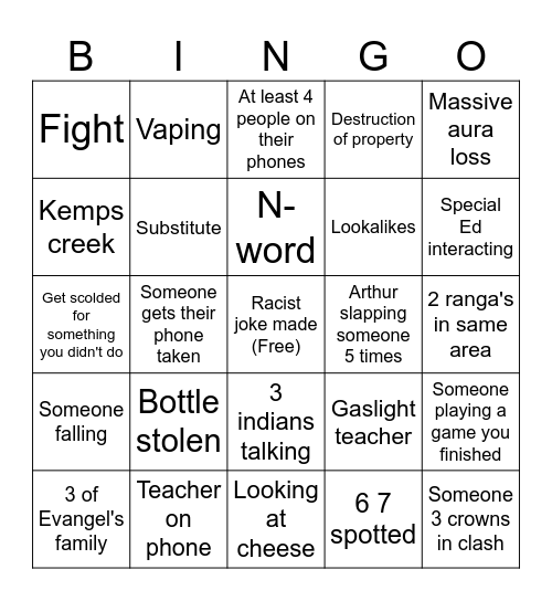 School Bingo Card