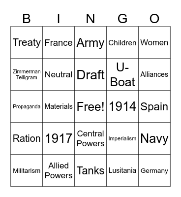 WW1 Friday Bingo Card