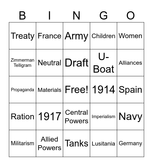 WW1 Friday Bingo Card