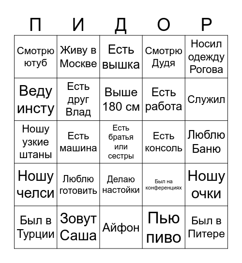 Грязный пидор Bingo Card