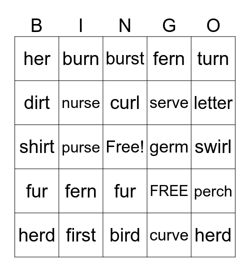-er, -ir, -ur Bingo Card