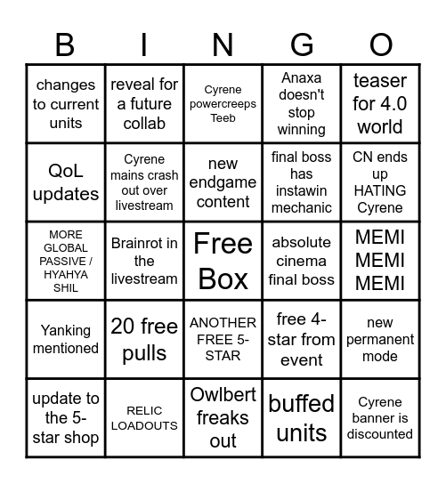 HSR 3.7 livestream bingo Card
