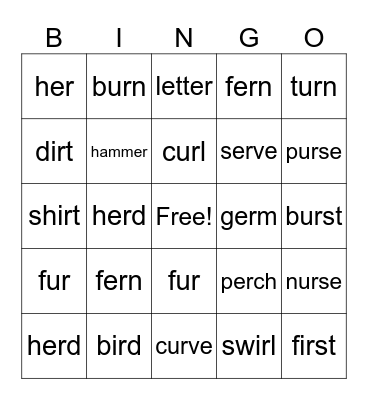 -er, -ir, -ur Bingo Card