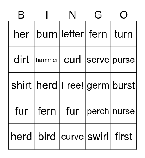 -er, -ir, -ur Bingo Card