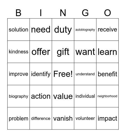 3A Unit 1 Vocab Review Bingo Card