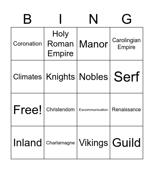 Medieval Times Vocab Bingo Card