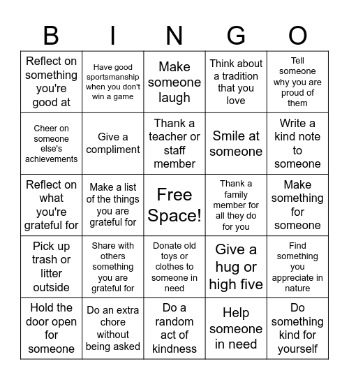 Gratitude Bingo Card