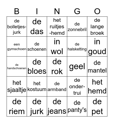 Les vêtements Bingo Card