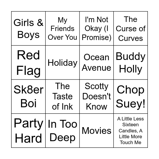 Emo x Pop Punk Bingo 1 Bingo Card