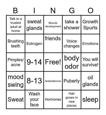 Puberty Bingo Card
