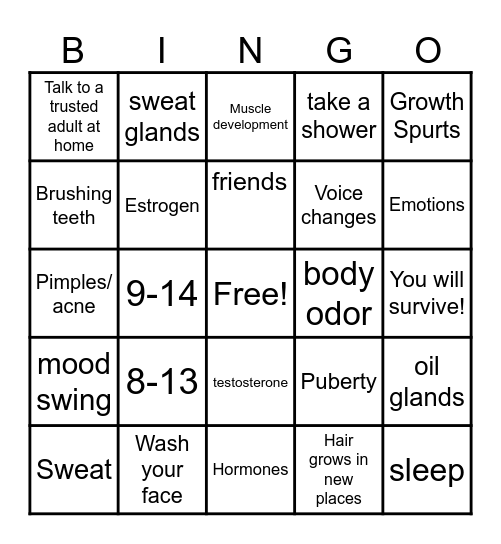 Puberty Bingo Card