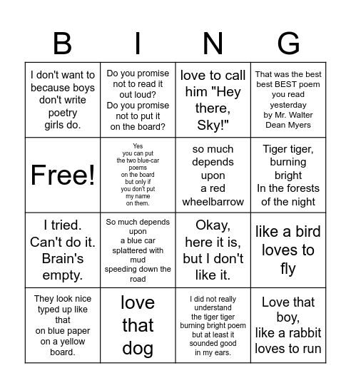 LOVE THAT DOG Bingo Card