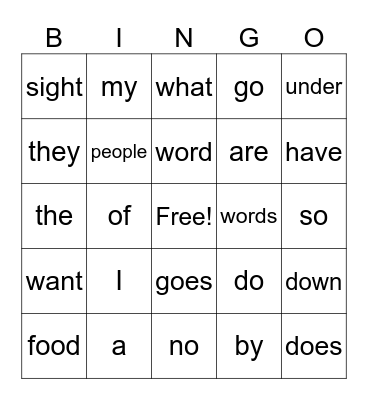 Sight Words Bingo Card