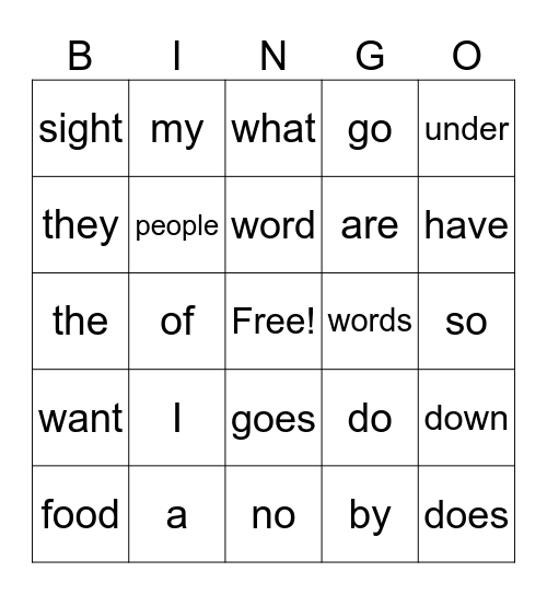 Sight Words Bingo Card