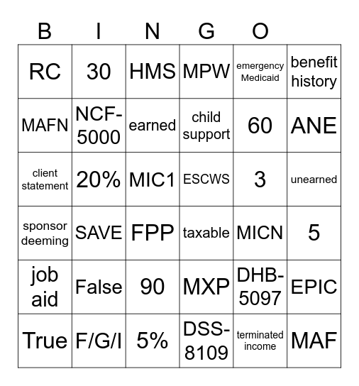 Medicaid Bingo Card