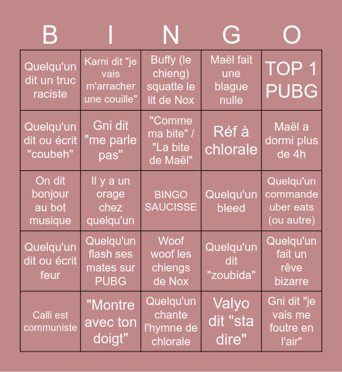 LE BINGO DE LA SAUCISSECTE Bingo Card