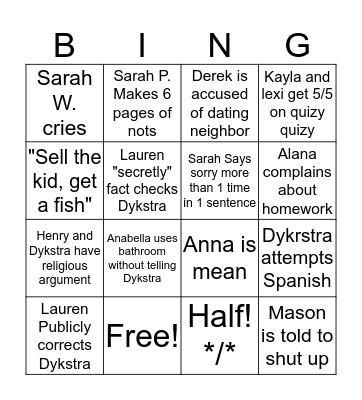 4th Period Bingo Card